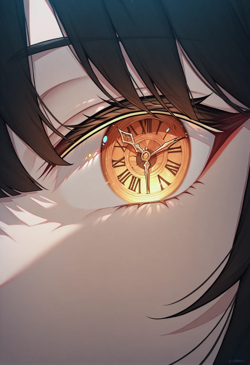 masterpiece, best quality, newest, absurdres, highres, clock eyes, yellow eye, long hair, close-up, eye focus, roman numeral, glowing, spot color, monochrome, <lora:ChamKurumiIllustriousXL:1>, KrmiDef,