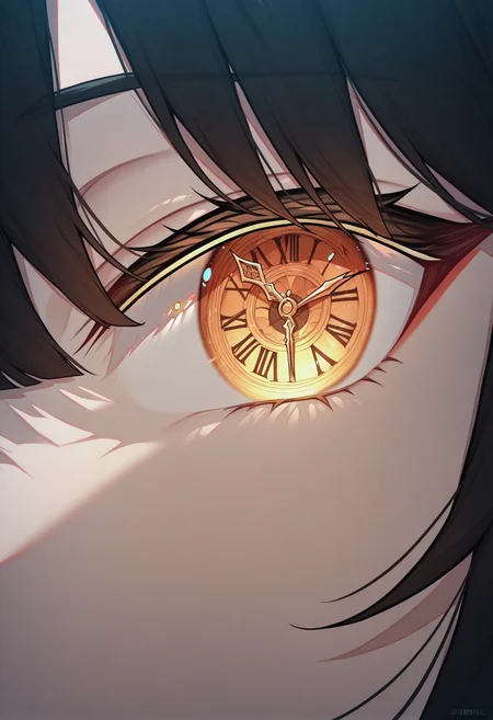 masterpiece, best quality, newest, absurdres, highres, clock eyes, yellow eye, long hair, close-up, eye focus, roman numeral, glowing, spot color, monochrome, <lora:ChamKurumiIllustriousXL:1>, KrmiDef,