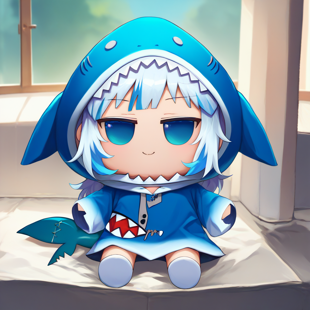 score_9, score_8_up, score_7_up, fumo \(doll\), chibi, solo, 1girl, gawr gura, smile, sitting, blue hoodie, shark hood, shark tail <lora:style_toyfumo_ponyXL-000006:1> <lora:guraXL:1>