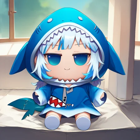 score_9, score_8_up, score_7_up, fumo \(doll\), chibi, solo, 1girl, gawr gura, smile, sitting, blue hoodie, shark hood, shark tail <lora:style_toyfumo_ponyXL-000006:1> <lora:guraXL:1>