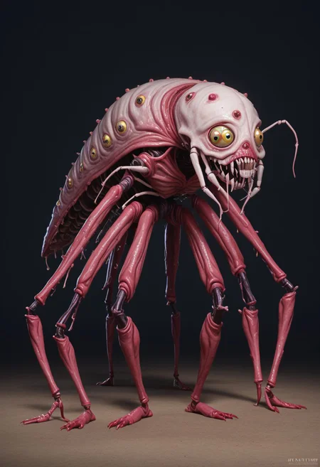 Score_9, score_8_up, score_7_up, fleshtones, (body horror:1.1), twisted and mangled body, sewn together, reanimated, fleshmutant, segmented body, preying, stalking, dimly lit flash photography in the dark, swarms of insects, concept art, realistic, dark theme, low light, h3ll1sh, compound eyes, human limbs,