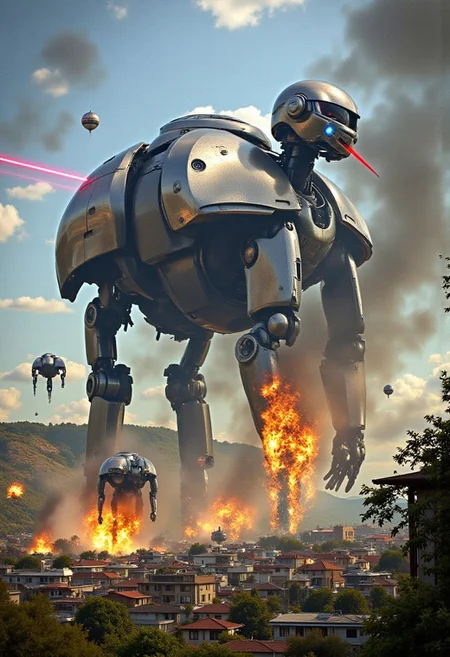 photoshoptcontest. a digitally manipulatd photograph, ultra-glossy fashion portrait with pristine chrome reflections and technological precision of an army of futuristic robotic war-ants towering over a small village. Destruction and explosions surround the scene, and lasers and glowing smoke are all around. Magical wonder and thrilling horror combine in this epic action shot and tragedy combined.