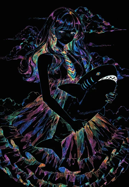 safe_pos, colorful, black background, hatching \(texture\), [surreal],
solo, safe, three_quarter_view, (portrait:0.1),
holding ikea shark, fine_art_parody, dynamic pose, looking down, light smile, halterneck, frilly dress,
cumulonimbus_cloud, sky, blending,
(colorful_necktie:1.1), split-color hair, hair over shoulders,
masterpiece, best quality, absurdres