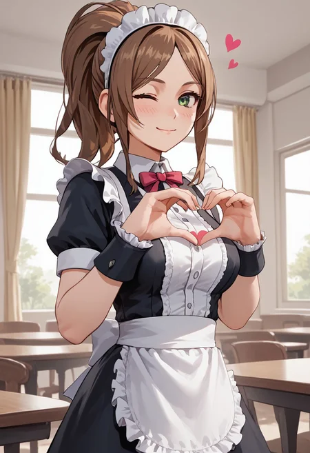 score_4,score_5,score_6,score_7_up,score_8_up,score_9 ((masterpiece,best quality,ultra detailed,highres,HD,4k:1.2)), 
1girl, solo,solo focus,girl focus,face focus,
brown hair, long hair, ponytail, sidelocks, green eyes,large breasts,
((Maid outfit,Sleeveless, maid headband, frilly apron,Short sleeves, short skirt, thighs:1.1)),
inside the cafe, ((Make a heart symbol with both hands, heart with both hands,heart hands,heart symbol,heart,heart effect,)), 
blush,shy,smile,,((wink,closed one eye)),