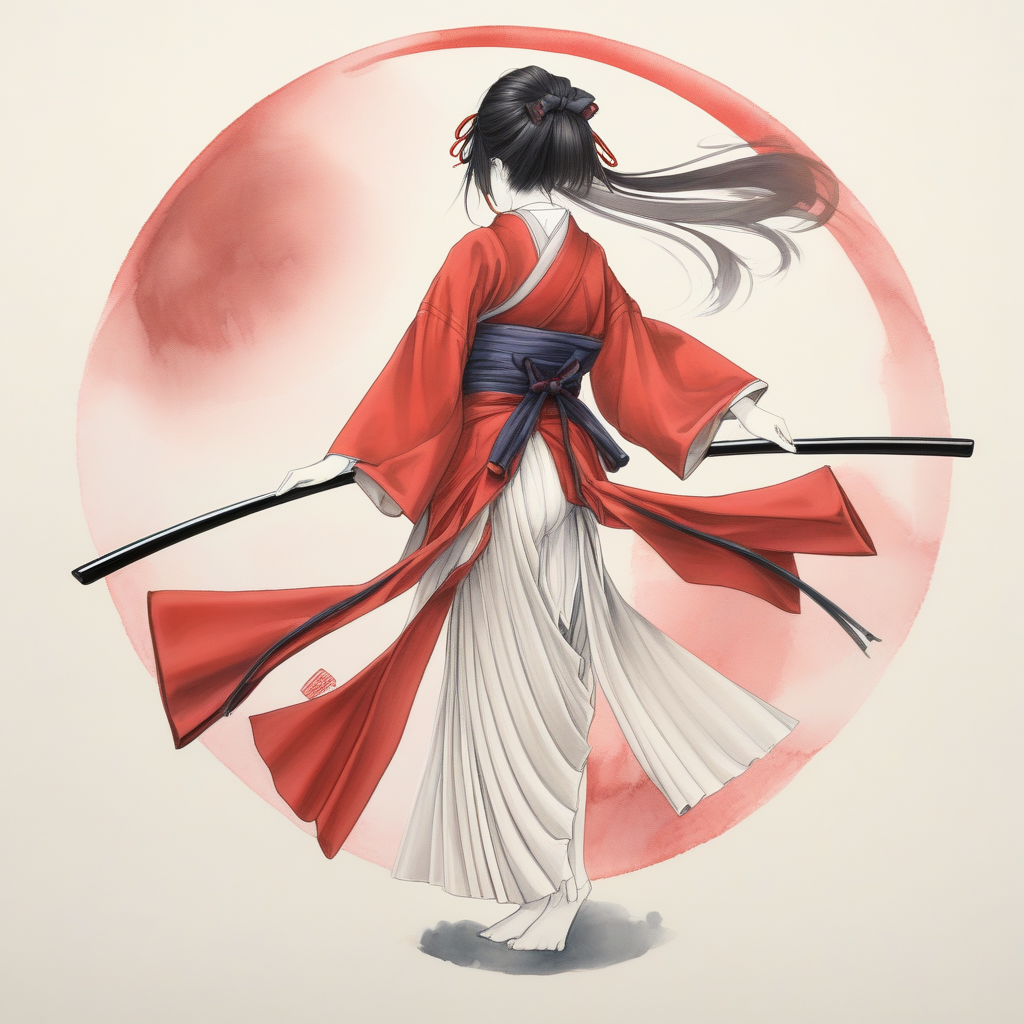 seiza, looking down, drawing bow, red moon, pleated skirt, bandages, fairy wings, calligraphy brush, skirt