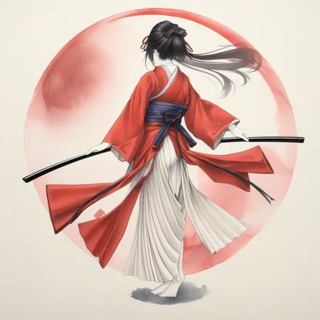 seiza, looking down, drawing bow, red moon, pleated skirt, bandages, fairy wings, calligraphy brush, skirt