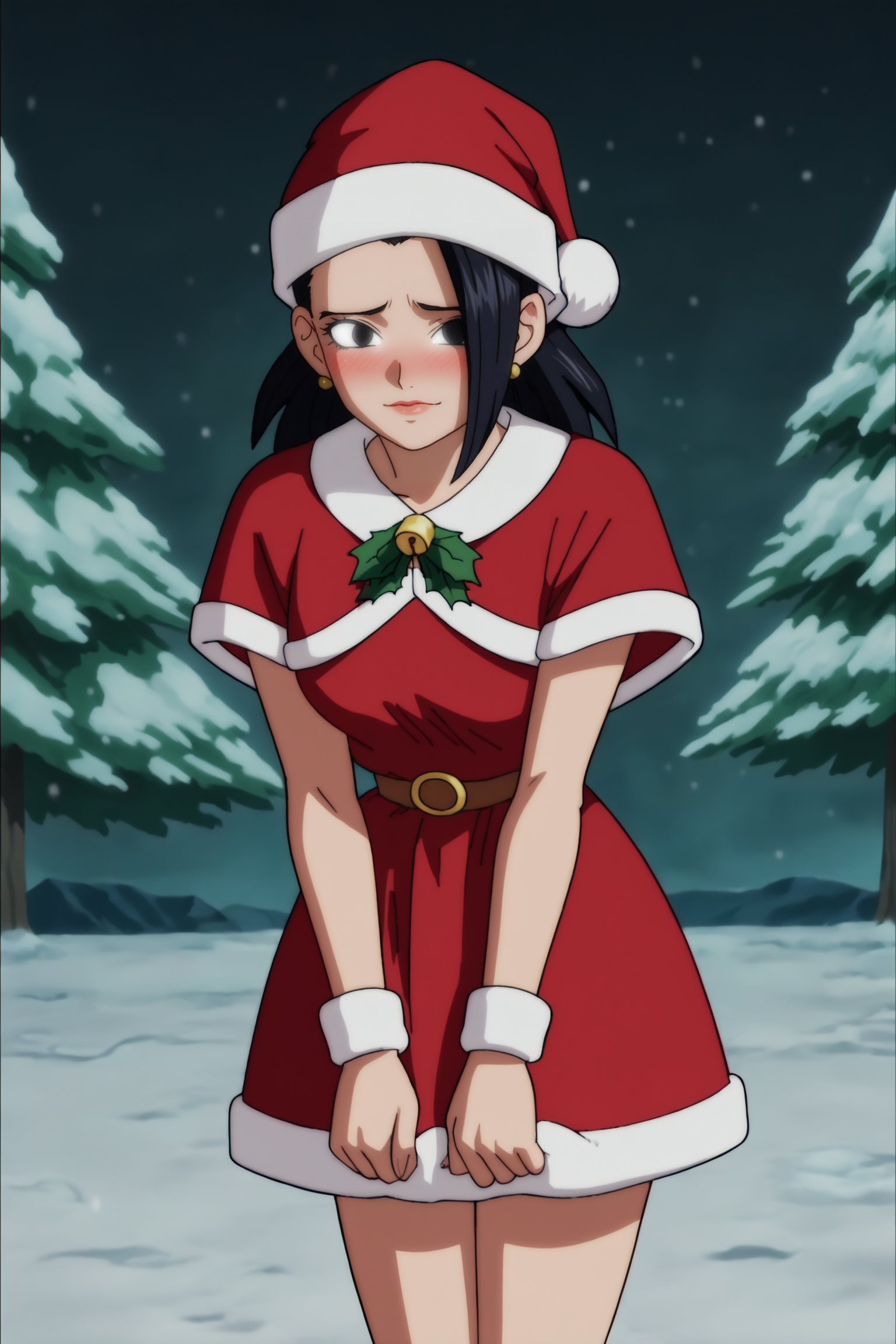 source_anime, score_9, score_8_up, score_7_up, anime screencap, absurdres, high quality,
kale, black hair, black eyes, santa costume, santa hat, snow, dress, embarrassed, looking at viewer, nervous, 
 <lora:Kale_v1:0.8>