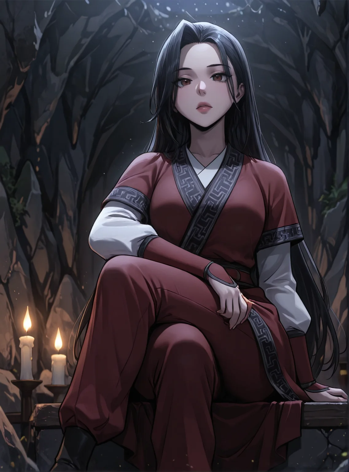 HDR,masterpiece, absurdres, newest, highres, very aesthetic, detailed eyes, fit body, godrays, ambient occlusion, soft lighting, highest quality, (volumetric lighiting:1.1), realistic skin, low lighting, trending on artstation, gothic,
adult, LGSPX, (anime screencap:1.3), anime screencap, Gu Huibi, black hair, long hair, dark red eyes, mature female,
BREAK
woman, dynamic pose, crossed legs, bangs, kimono, cave, dark cave, rocks, candlelight
<lora:princess_xl_v2:0.6> <lora:add-detail-xl:0.25> <lora:30_LOL:0.6> <lora:g0th1cPXL:0.4> <lora:Gu_Huibi-000091:0.7>