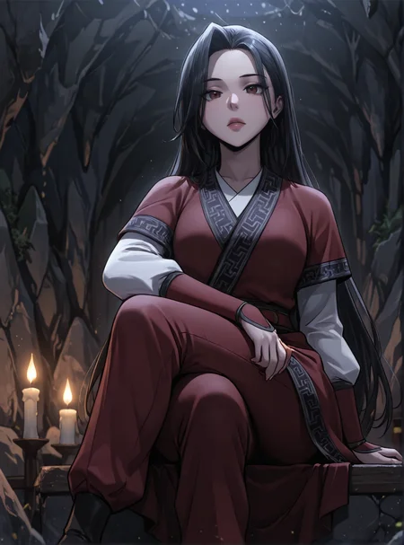 HDR,masterpiece, absurdres, newest, highres, very aesthetic, detailed eyes, fit body, godrays, ambient occlusion, soft lighting, highest quality, (volumetric lighiting:1.1), realistic skin, low lighting, trending on artstation, gothic,
adult, LGSPX, (anime screencap:1.3), anime screencap, Gu Huibi, black hair, long hair, dark red eyes, mature female,
BREAK
woman, dynamic pose, crossed legs, bangs, kimono, cave, dark cave, rocks, candlelight
<lora:princess_xl_v2:0.6> <lora:add-detail-xl:0.25> <lora:30_LOL:0.6> <lora:g0th1cPXL:0.4> <lora:Gu_Huibi-000091:0.7>