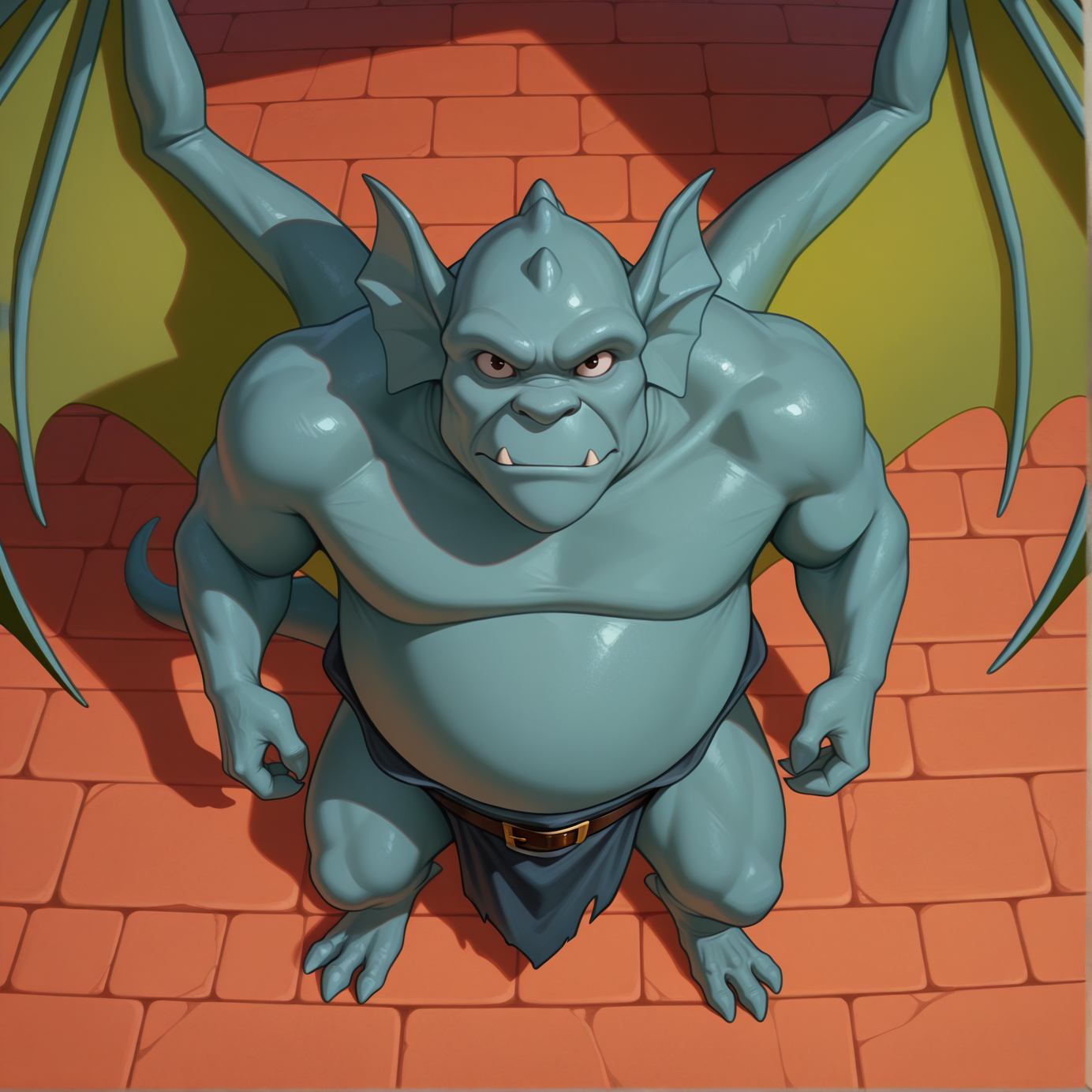 high quality, absurd res, best quality, broadwayxl, anthro, teal gargoyle, solo, fat , ultra realistic, photorealism, looking at viewer, from above, standing, wings, loincloth, black betl, gold buckle