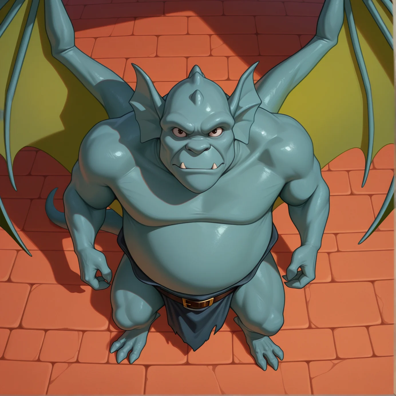 high quality, absurd res, best quality, broadwayxl, anthro, teal gargoyle, solo, fat , ultra realistic, photorealism, looking at viewer, from above, standing, wings, loincloth, black betl, gold buckle