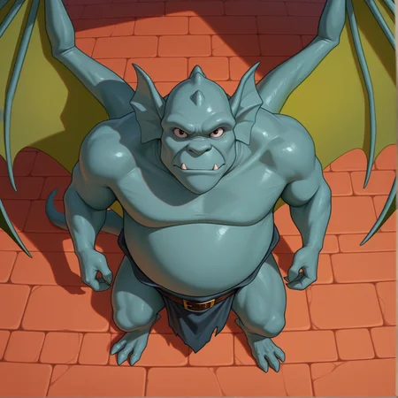high quality, absurd res, best quality, broadwayxl, anthro, teal gargoyle, solo, fat , ultra realistic, photorealism, looking at viewer, from above, standing, wings, loincloth, black betl, gold buckle
