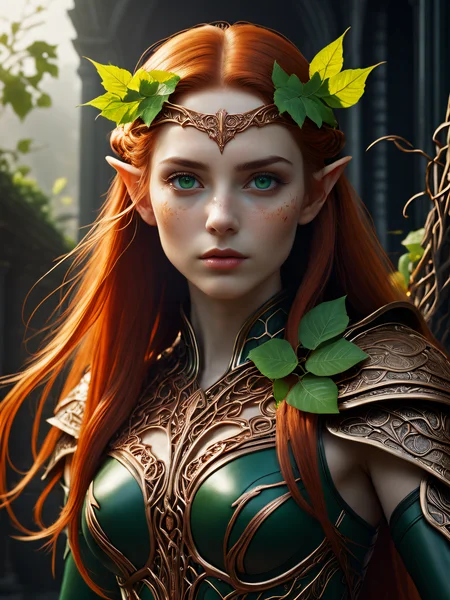 highly detailed, 4k, Wood Elf Ranger, (Female:1.5), Graceful and Lithe (Athletic Build:1.5), Emerald Eyes (Vibrant:1.5), Auburn Hair (Flowing:1.5), Coppery Silk, Leaf-Shaped Ornaments, Delicately Pointed Nose, Soft Rose Lips, Freckles (Subtle:1.25), Leather Armor (Vine Patterns:1.5), Calloused Hands, Long and Short Bows, Finely Crafted Shortsword, Fluid Grace in Movement, Harmony with Nature, (Sun-Kissed Skin:1.25), Keen Intelligence in Eyes, Engravings (Delicate:1.25), Connection to Wilderness, (Silent Footfalls:1.25), Harmonious Form, Vines (Intricate:1.5), Expertly Crafted Appearance, realistic, photo, film grain, dramatic lighting,, (gothic art style), highly detailed, evil alien overlord, furious:3, dynamic posture:2, high tech armor (glowing bright red and orange), facial expression, 32K, UHD, HDR, cinematic, cinematic image, intricate details, ultra-realism, dystopian palace, luxurious atmosphere, ultra-detailed, 32K, stunning image, IMAX, cinematic, award winning photography, intricate, low aperture (f1.2), dramatic lighting, cinematic composition, award-winning, professional, by (carlos kafu bazan), vibrant,