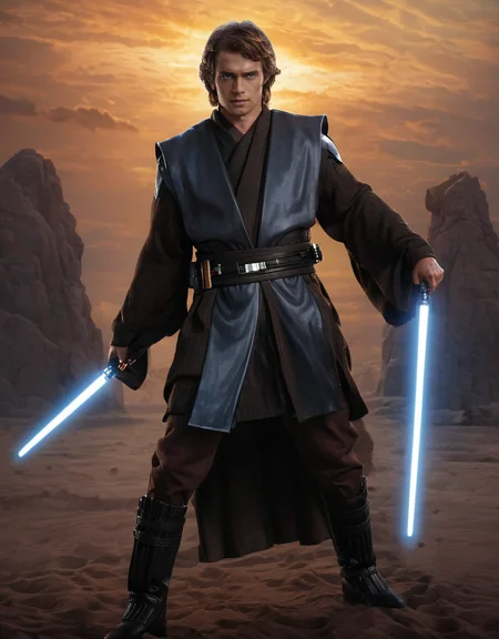 (full body1.5) watercolor old book style ink illustration of Anakin Skywalker Jedi <lora:Anakin_Skywalker_Jedi:1> holding a lightsaber with <lora:Perfect-Hands-v2:1> Perfect Hands, pose inspired by Boris Vallejo, brushwork echoing Carne Griffiths, realistic, lifelike, (on parchment, ink splashes, ink stains, ink smears, faded ink:1.6), (futuristic sci-fi spaceport background:1.9), galaxy, lucasfilms, glass, sun, in the clouds, fractals, sunrise, moody tones, vivid watercolor, mentixis, linquivera, movie poster, star wars vibes, (watercolor style with strong washes:1.2)