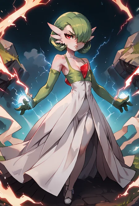score_9, score_8_up, score_7_up, score_6_up, score_5_up, score_4_up, <lora:gardevoir_v2:1> gardevoir, white dress, creature, game freak, nintendo, pokemon, bangs, colored skin, female focus, flat chest, gen 3 pokemon, green hair, green skin, hair over one eye, multicolored skin, red eyes, short hair, two-tone skin, white skin, serious face, mad, charging, full body, <lora:Super_Saiyan_4_Goku_Anime:1>, <lora:asanagiArtistStylePonyxl_loraLocon:0.8>, <lora:incase-ilff-v3-4:0.8>, <lora:BoldCAT_P3:1>, energy, aura, electricity, black orb, highly detailed, absurdres,