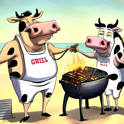 happy Cows grilling a person on a grill at the beach, a person on the grill <lora:rob_sheridan_drawing_style:1>