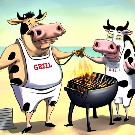 happy Cows grilling a person on a grill at the beach, a person on the grill <lora:rob_sheridan_drawing_style:1>