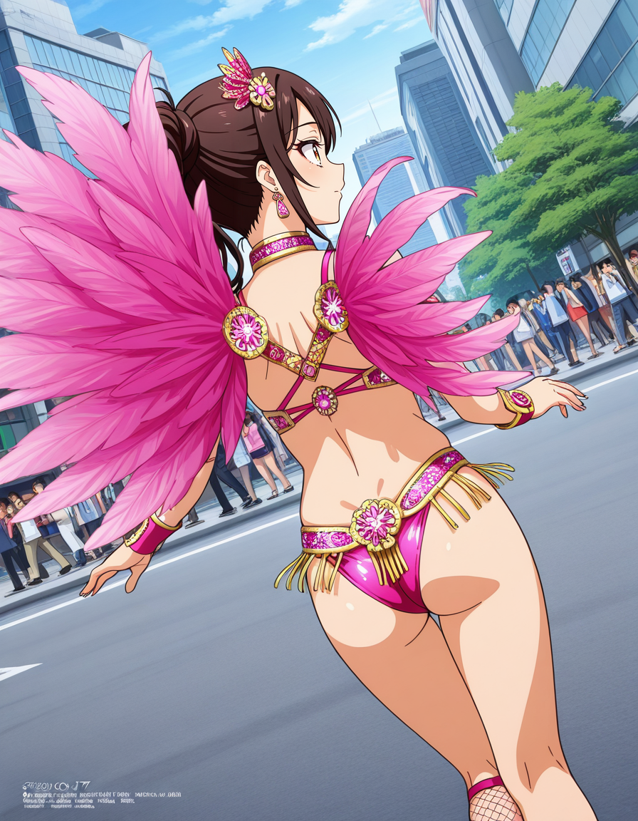 score_7_up, anime BREAK official art, solo, 1girl, one girl, 
dynamic angle, dynamic pose, megami magazine, 
BRERAK, 
<lora:Asakusa_Samba_Carnival_v2:0.8>, Asakusa Samba Carnival, outdoors, day, road, street, city, building, multiple girls, solo focus, dancing, Samba costume, 
wings, ass, jewelry, look back, hair ornament, earrings, from behind, jewelry bikini, fishnets, pink costume, 
(masterpiece:1.3), best quality, high resolution, unity 8k wallpaper, extremely detailed CG, 8K, perfect anatomy, highly finished, masterpiece, best quality, high quality, amazing quality, great quality, very aesthetic, ultra detailed, highres, absurdres, highly detailed, highly detailed background,
