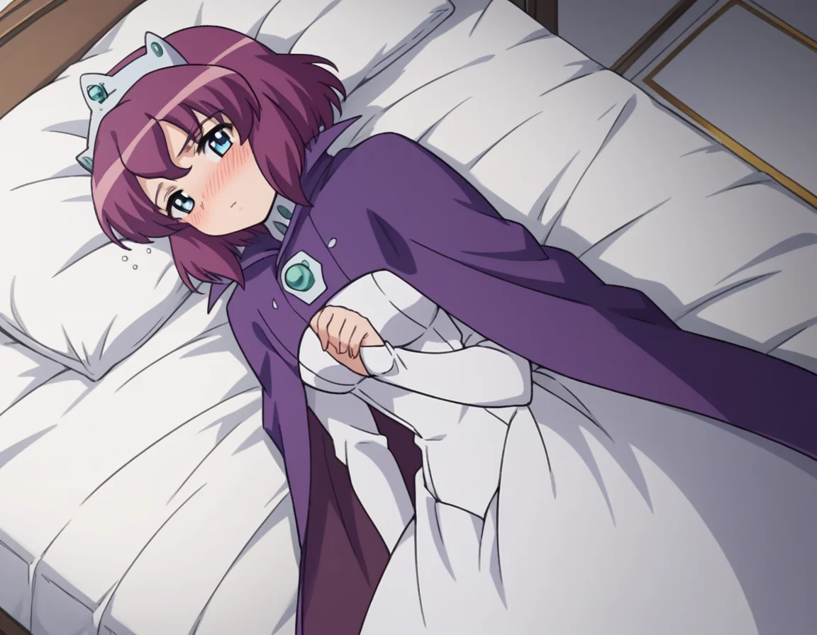 score_9, score_8_up, score_7_up, source_anime,
henriettadetristain, <lora:henrietta-de-tristain-s3-ponyxl-lora-nochekaiser:1>,
henrietta de tristain, short hair, blue eyes, purple hair,
long sleeves, hat, dress, cape, tiara, crown, purple cape, white dress, long sleeves,
indoors, bed, bed room, on side, blush, drunk,
looking at viewer, cowboy shot, solo, dutch angle