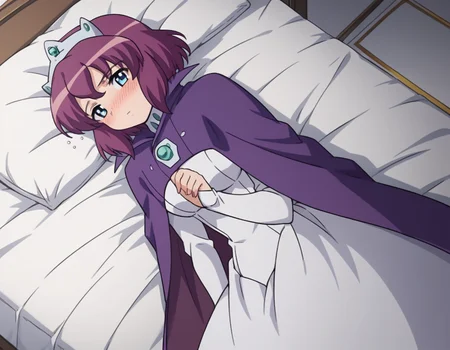 score_9, score_8_up, score_7_up, source_anime,
henriettadetristain, <lora:henrietta-de-tristain-s3-ponyxl-lora-nochekaiser:1>,
henrietta de tristain, short hair, blue eyes, purple hair,
long sleeves, hat, dress, cape, tiara, crown, purple cape, white dress, long sleeves,
indoors, bed, bed room, on side, blush, drunk,
looking at viewer, cowboy shot, solo, dutch angle