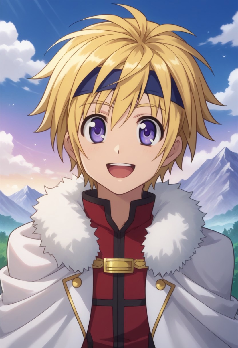 score_9, score_8_up, score_7_up, source_anime, highly detailed, 
izumicinque, 1boy, blonde hair, solo, male focus, ring, jewelry headband, blue headband,
sky, smile, open mouth, mountain, cloud, parody, purple eyes, red shirt, cape,
fur trim, upper body,
