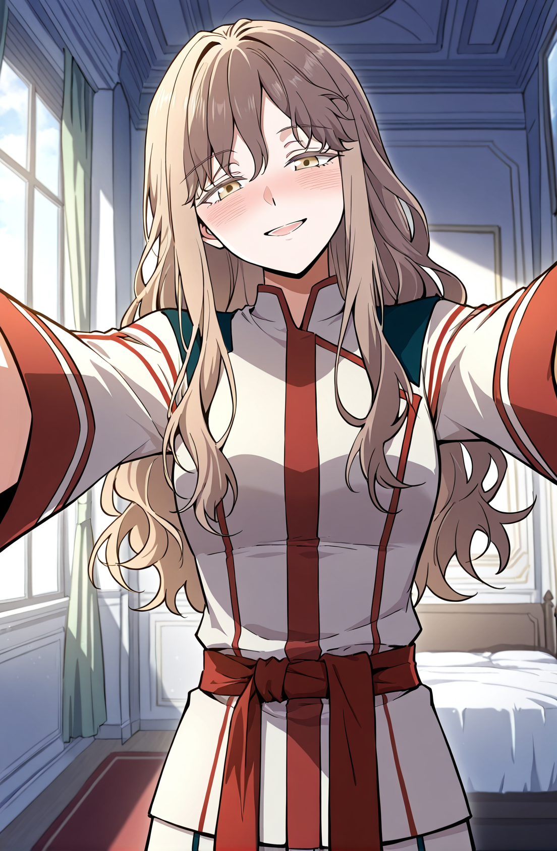 <lora:Cecilia__The_Beginning_After_the_End__Illustrious:1>
Cecilia, female, long hair, wavy hair, light brown hair, golden eyes, side bangs, 
white and red uniform, waist sash, fitted top, pants outfit
score_9, score_8_up, score_7_up, score_6_up, source_anime, rating_explicit, 1girl, solo, smile, embarrassed, alcalose eyes, open mouth, mansion, indoors, looking at viewer, outstretched arms, pov, close-up, (head tilt:1.2)