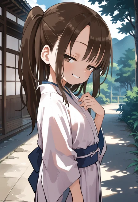 score_9,score_8_up,score_7_up,score_anime,cowboy_shot,from_side,<lora:yamamoto-mix-lyco-pony-v1:0.5>,1girl,<lora:Takagawa-Sumire_v2:0.7> ,Takagawa Sumire,long hair,brown hair,sidelocks,brown eyes,half-closed eyes,seductive_smile,japanese_clothes,miko,sweat,looking_to_the_side,in spring,gohei,scenery,