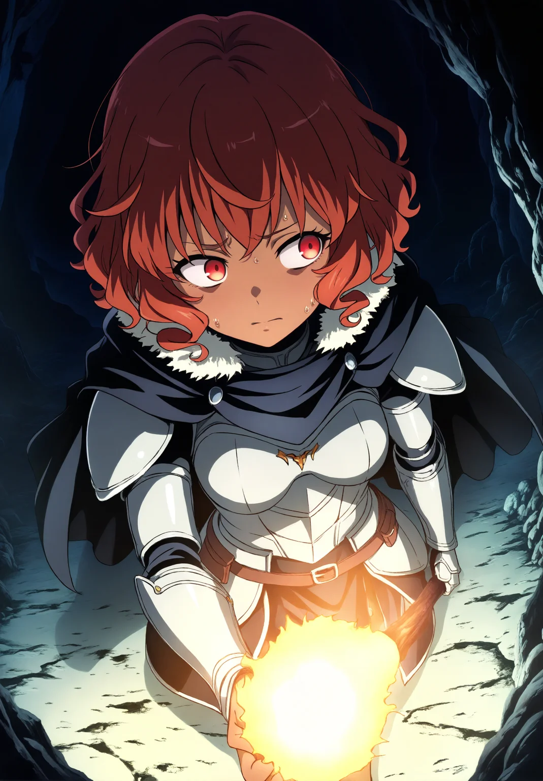 highres,absurdres,masterpiece,best quality,<lora:MeMaXL4 Type D:1>,solo,1girl,from_above,cinematic_angle,foreshortening,black theme,cave,puffy hair,dark-skinned female,red hair,red eyes,short hair,curly hair,messy hair,dress armor,medium breasts,holding torch,looking to the side,worried,nervous sweating,upper body,walking,cape,fur trim,
