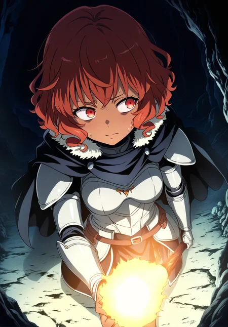 highres,absurdres,masterpiece,best quality,<lora:MeMaXL4 Type D:1>,solo,1girl,from_above,cinematic_angle,foreshortening,black theme,cave,puffy hair,dark-skinned female,red hair,red eyes,short hair,curly hair,messy hair,dress armor,medium breasts,holding torch,looking to the side,worried,nervous sweating,upper body,walking,cape,fur trim,