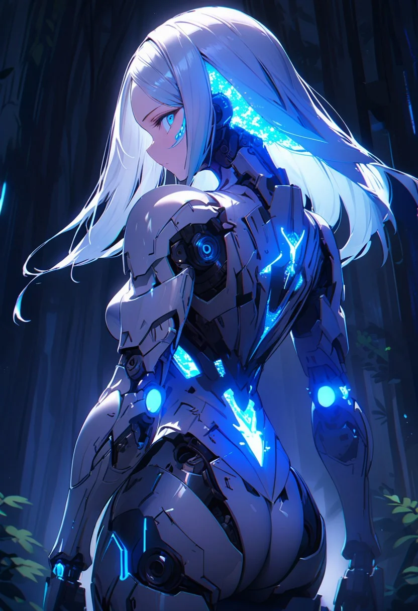 ((masterpiece), (best quality), (ultra-detailed),
illustration, 3DMM,
1woman, deep blue eyes, blue hair , very long hair, forehead, black footwear, high heels, standing, looking at viewer, trees, standing on log, night sky, stars, forest, futuristic, hand prosthesis, scifi , lrg prosthesis, glossy, armor, cyborg, perfect body, silver and blue glow, mechanical joints, from back,
,blue neon, prostheses, cyber prostheses, tilted back, from downstairs, glowing hair, detailed face, blue particle, upper body, face focus)