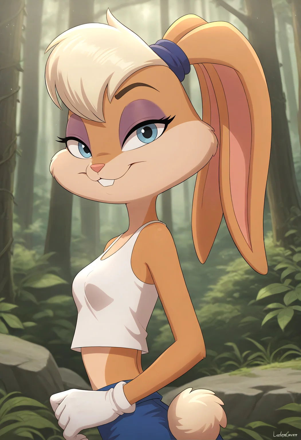 very awa, masterpiece,best quality,amazing quality, best quality, newest, absurdres, highres, detailed background, detailed hair, depth of field, detailed skin, best quality, amazing quality, very aesthetic, high resolution, ultra-detailed, absurdres, OverallDetailXL, skinny, narrow waist, aged up, lola, buck teeth, (white sclera:1.1), eyeshadow, body fur, scrunchie, blue eyes, blonde hair,white gloves, rabbit tail,furry female, furry, rabbit, lola bunny, Clothed, portrait, face focus, looking at viewer, facing away, smiling, closed mouth, full pa, forest, overgrown, vine_covered_ruins, stone_archway,,,