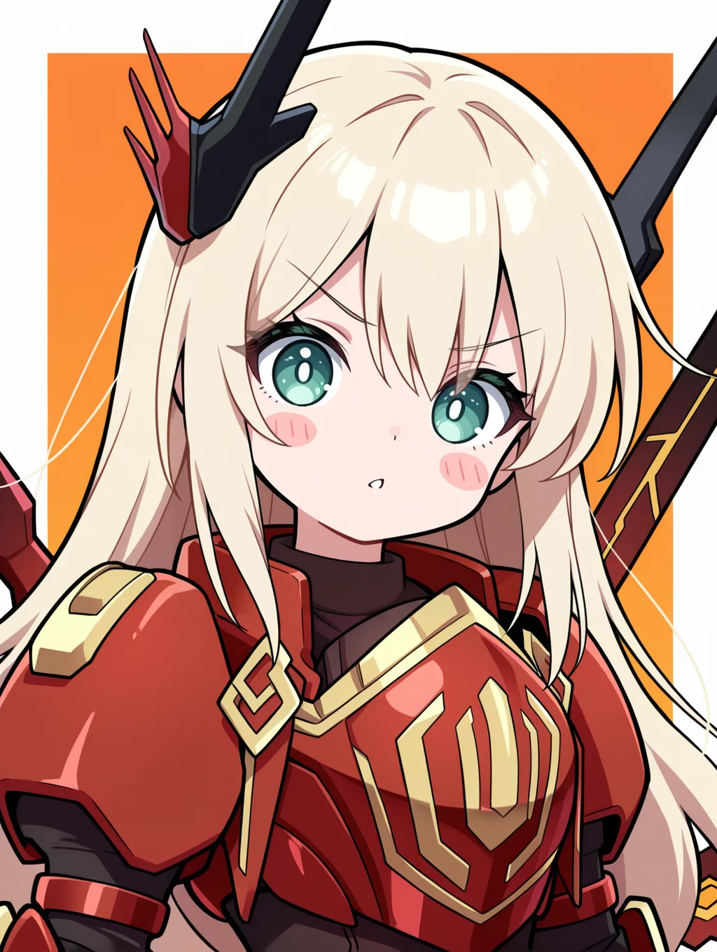 chibi, blush stickers,red power armor, sky striker ace - raye, mecha musume, official alternate costume, 1girl, solo, looking at viewer, v-shaped eyebrows, upper body, parted lips, orange background, black bodysuit, red sword wings, red headgear, red breastplate, white border,
masterpiece,best quality,amazing quality,very aesthetic,absurdres,newest,<lora:Sky striker ace - kagari illusXL v1:0.7>,