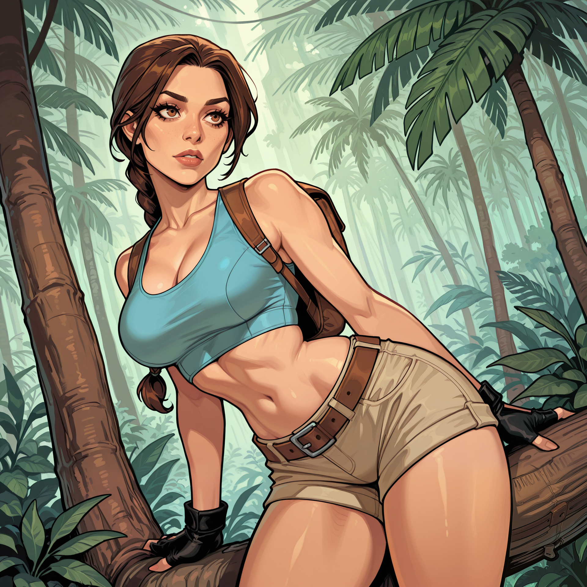 2d, concept art,

masterpiece, best quality, amazing quality, highres,

BREAK

eye contact:1.15, facing viewer:1.25, cowboy shot, 

pinup pose, back leaning against jungle tree, dynamic shot, dynamic angle, sexy poses, {front angle|side angle|back side angle}

BREAK

perfect character, perfect hands, perfect fingers, detailed character, detailed face, detailed eyes, detailed eyelashes, detailed lips, 

1girl, ((solo)), lara croft, caucasian girl, brown hair, braided ponytail, ((long parted bangs)), brown eyes, long eyelashes, 

fit body, medium breasts, almond shaped eyes, long eyelashes, small narrow waist, wide hips, skindentation, 

BREAK 

light blue sports bra, beige cargo shorts, short shorts, brown leather belt, black fingerless gloves, mini brown leather backpack, 

BREAK 

detailed background, detailed scenery, outdoors, tropical jungle,