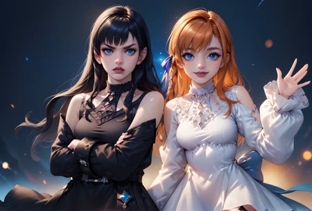 zPDXL ,score_9, score_8_up, score_7_up, <lora:RealisticAnime:1> (ultra realistic, 32k, masterpiece:1.2), (high detailed skin:1.1), (high quality:1.1),  || bokeh, luminescent background, 2girls, cowboy shot, standing,
<lora:Gaia_FFXIV:.8>  gaia \(ff14\),  black hair, blue eyes, black dress, lips,  boots, choker, belt, black thighhighs, bare shoulders, off shoulder, detached sleeves , glaring, crossed arms, looking away,
<lora:ryne-pdxl-nvwls-v1:1> ryne, orange hair, blue eyes ,hair ribbon, white dress, thigh strap, thigh boots, smile, waving, looking at viewer,