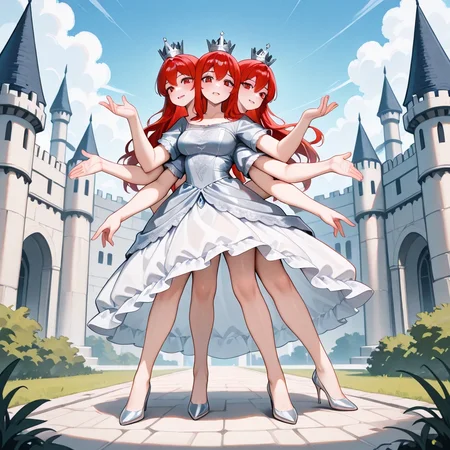 best quality, three heads, four legs, six arms, conjoined, 3girls, dress, castle