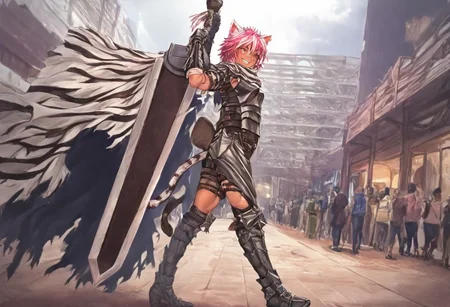 masterpiece, very aesthetic, anime screenshot, 1girl, Pink_PonyXL, DragonSlayerSword-Il.V1.0, white tiger striped armor, white tiger striped shoulder armor, gauntlets, greaves, bandaged arm, white tiger striped cape, torn cape, bright pink hair, cat ears, scar on nose, cat bell around neck, tanned, white tiger tail, small breasts, femine body, smiling, making a cute cat face, single fanged tooth showing, standing, looking at viewer, side view, wielding-dragonslayer, huge weapon, sword, holding sword, holding weapon, full body, zoomed in on pink_ponyxl, Dutch angle, cowboy shot
Break
City square, bright and sunny, happy adoring crowd,