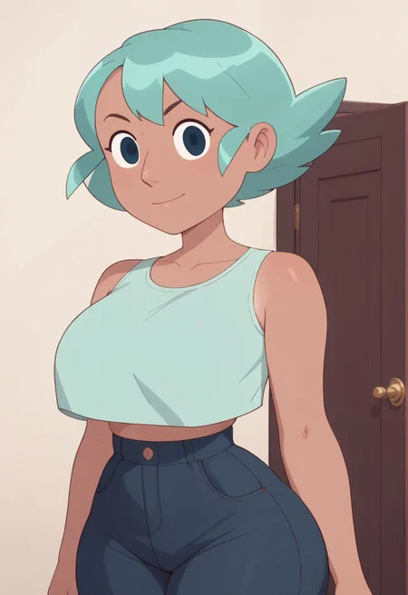 ((White background)),score_9, score_8_up, score_7_up,score_6_up,
1girl, Solo, Cass_BAP, light tanned skin, dark blue eyes, mint green hair, short hair, aqua-tinted tank top, dark blue pants, white and red boots, huge breasts, smirk, narrow waist, huge hips,huge thighs, huge ass, tall stature, big eyes, looking at viewer, cowboyshot, perfect eyes