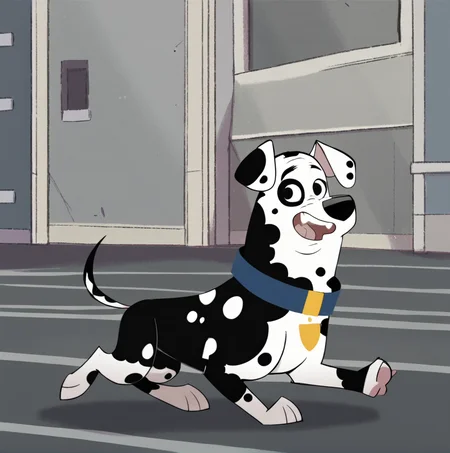 score_9, score_8_up, score_7_up, score_6_up, score_5_up, score_4_up, <lora:Dougdalmatian:1>,dougdalmatian, lying, solo, smile, open mouth, outside, fangs, running, teeth, no humans, flat color, dog, black and white fur, dalmatian, body fur, dog ears, spots, collar, black eyes