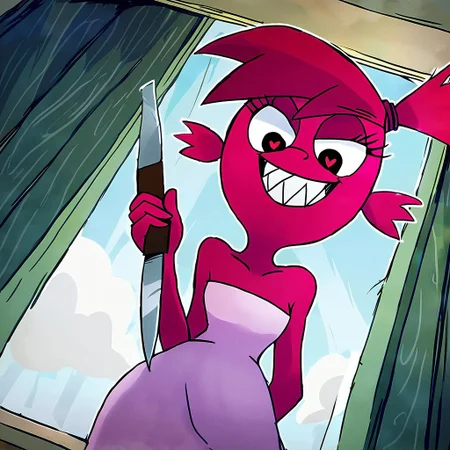 <lora:Berry_Fosters_Home_for_Imaginary_Friends_for_PonyXL:0.9>, 1girl, b3rry, black eyes, pink skin, smile, BREAK
bedroom, dark, holding knife, yandere, sharp teeth, red pupils, small pupils, window, from below, heart floating, heart-shaped pupils, aroused, heart eyes, Valentine's day themed,