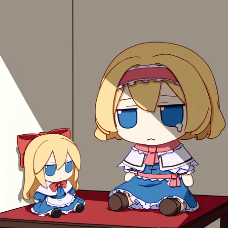 chibi,fumo,1girl,solo,short hair,blue eyes,blonde hair,dress,sitting,short sleeves,hairband,tears,chibi,blue dress,doll,sad,alice margatroid,shanghai doll,
<lora:fumo_noob1:1>,