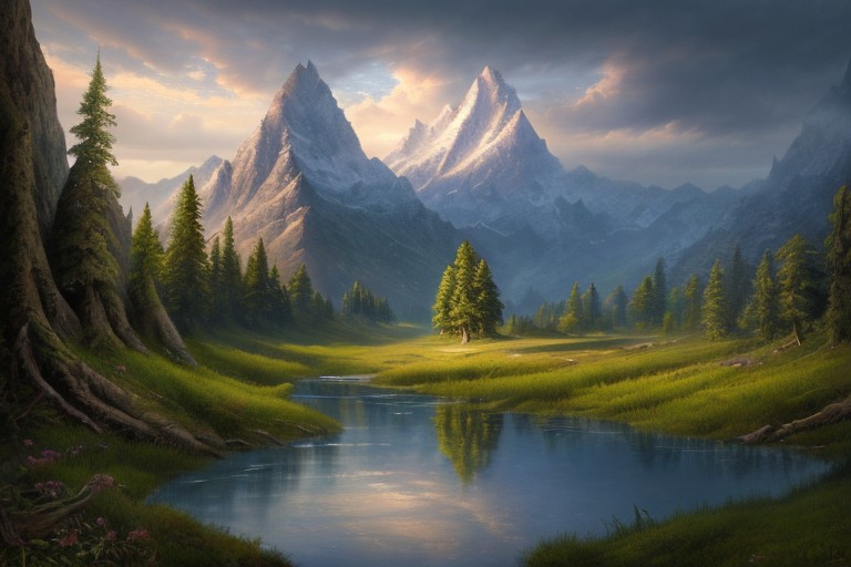 RAW photo, (masterpiece:1.3), subsurface scattering, heavy shadow, (high quality:1.4), (intricate, high detail:1.2), professional photography, HDR, High Dynamic Range, realistic, ultra realistic, photorealistic, high resolution, film photography, ambient lighting, atmospheric effects, <lora:detail_slider_v4:2>, OverallDetail, epic medieval fantasy, cloudy sky, day, fanmou, forest, mountain, nature, outdoors, reflection, sky, water, <lora:Fantasy_Mountains:1>, epiCPhoto