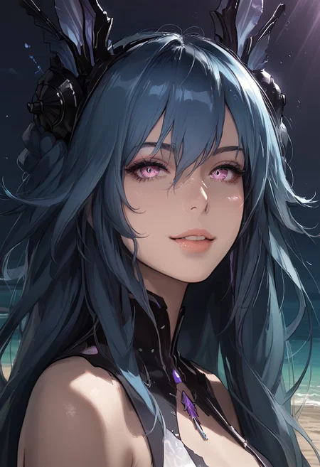 masterpiece, best quality, highres, absurdres, realistic, realistic skin texture, realistic hair, best quality, very aesthetic, perfect face, extremely detailed eyes, score_9, score_8_up, score_7_up
BREAK
1girl, God rays, portrait, on a beach, evening, dynamic angle, side view, looking at the viewer, LostLullaby, light purple eyes, blue hair, long hair, Lost clothes, headgear
BREAK
dark background, fairy light, dark light, cute face, light smile