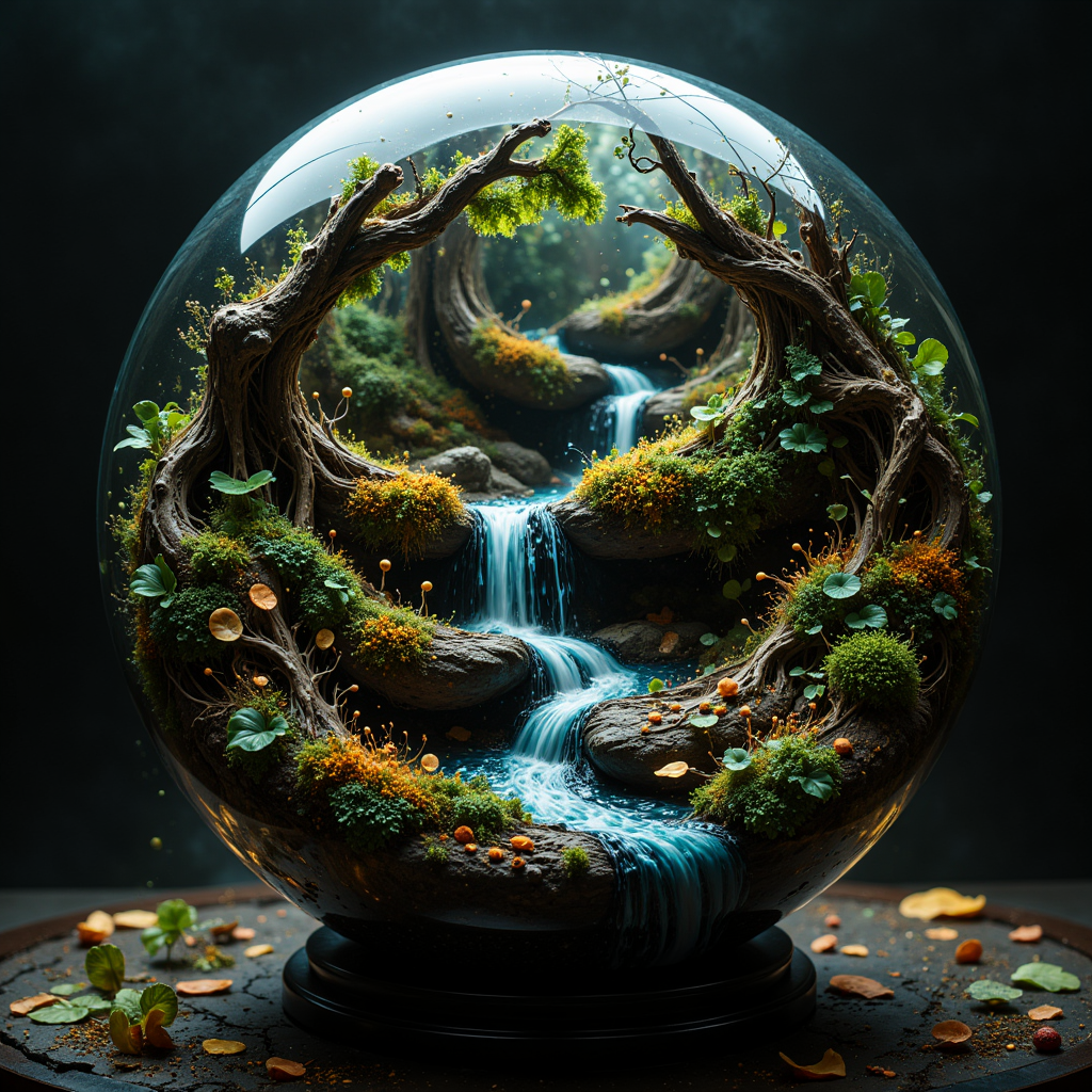 ultradetailed ultrarealistic, trapped nature, river in a glass sphere, leaves, moss, bark, blossoms, a perfect photography by Mark Mann and Ashraful Arefin ,muted wet colors, intricate artwork masterpiece