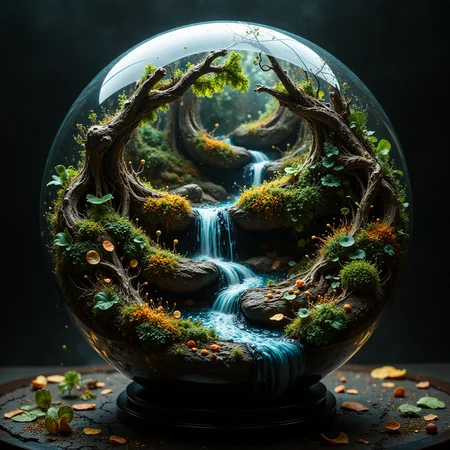 ultradetailed ultrarealistic, trapped nature, river in a glass sphere, leaves, moss, bark, blossoms, a perfect photography by Mark Mann and Ashraful Arefin ,muted wet colors, intricate artwork masterpiece
