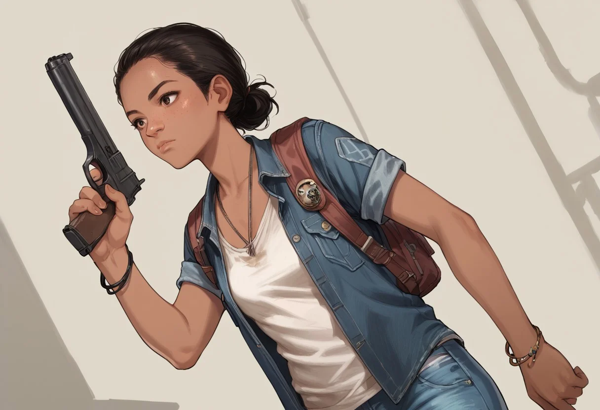 score_9, score_8_up, score_7_up, score_6_up, Riley-Abel, TLOU, 1girl, solo, shirt, black hair, closed mouth, brown eyes, denim jacket, tank top, cowboy shot, dutch angle, dark skin, necklace, holding, gun, handgun, pistol bracelet, lips, backpack, freckles, nose, anime, general