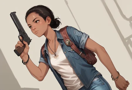 score_9, score_8_up, score_7_up, score_6_up, Riley-Abel, TLOU, 1girl, solo, shirt, black hair, closed mouth, brown eyes, denim jacket, tank top, cowboy shot, dutch angle, dark skin, necklace, holding, gun, handgun, pistol bracelet, lips, backpack, freckles, nose, anime, general