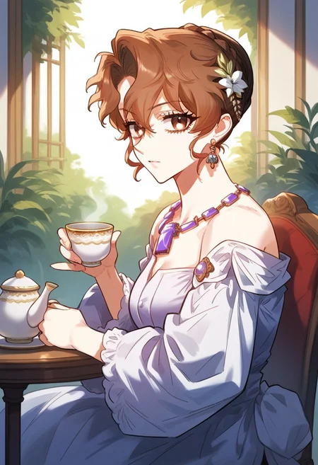 zPDXL3, score_9_up, score_8_up, score_7_up, (Anime_source), 1girl, Dillon brown eyes, brown hair, Banquet clothes, shoulderless, necklace, hair ornament, bun hair, braid, sitting on chair, table, tea, holding cup tea, looking at viewer, from side, cowboy shot