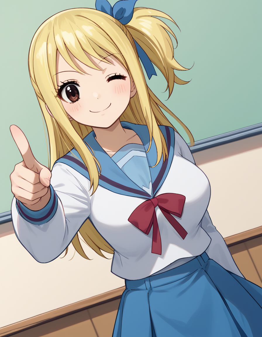 score_9, score_8_up, score_7_up, source_anime, lucyheartfilia, <lora:lucy-heartfilia-s7-ponyxl-lora-nochekaiser:1>, lucy heartfilia, blonde hair, brown eyes, long hair, one side up, ribbon, hair ribbon, blue ribbon, large breasts,, <lora:haruhi-suzumiya-cosplay-ponyxl-lora-nochekaiser:1>, haruhisuzumiyacosplay, suzumiya haruhi \(cosplay\), skirt, long sleeves, school uniform, serafuku, sailor collar, blue skirt, blue sailor collar, winter uniform, kita high school uniform,, classroom, one eye closed, pointing at viewer, smile, blush,, cowboy shot, dutch angle, solo,