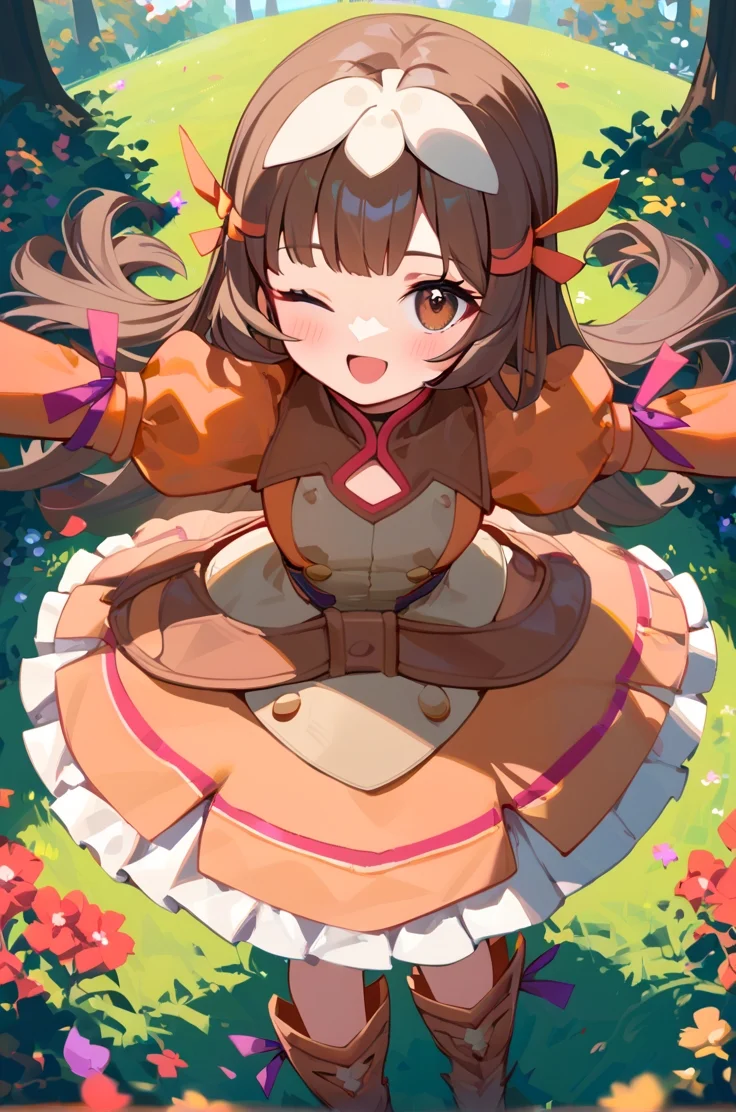 <lora:HandFineTuning_XL:1>
score_9, score_8_up, score_7_up, source_anime, masterpiece,best_quality,
BREAK,
forest,
cowboy shot, upperbody, flat chest,
BREAK,
from above, looking at viewer, wink, open smile, blush, spread arms,
BREAK,
<lora:remii_autismConfetti_v03:1.2>
remiibase, brown hair, bangs, brown eyes, sidelocks, long hair,
long sleeves, puffy sleeves, orange dress, knee boots,, zPDXL