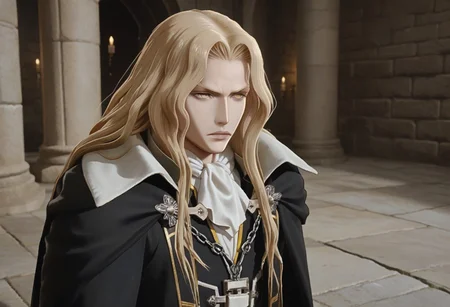 score_9, score_8_up, score_7_up, source_anime, 1boy, solo, expressionless
<lora:zs_FEWarriorsPortraitsXL:1> fewarriorsportraits, portrait, <lora:Alucard_-_Castlevania:0.8> alucard_castlevania, long hair, yellow eyes, pale skin, cape, ascot, black gloves, black pants, coat, stone walls, stone floor, basement setting, castle setting, dutch angle, dynamic angle
